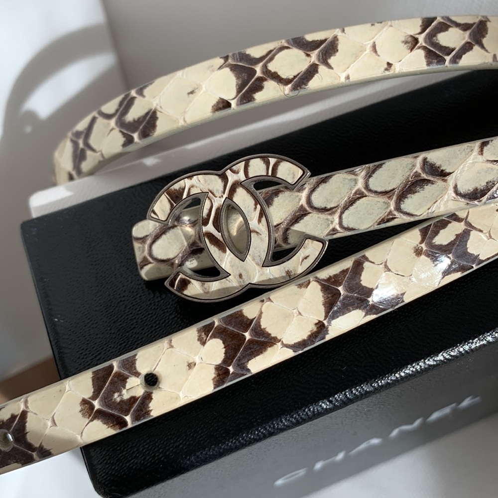 CHANEL Python Cream Brown Snake & Leather Skinny Belt CC Logo w/ Matte Silver HW